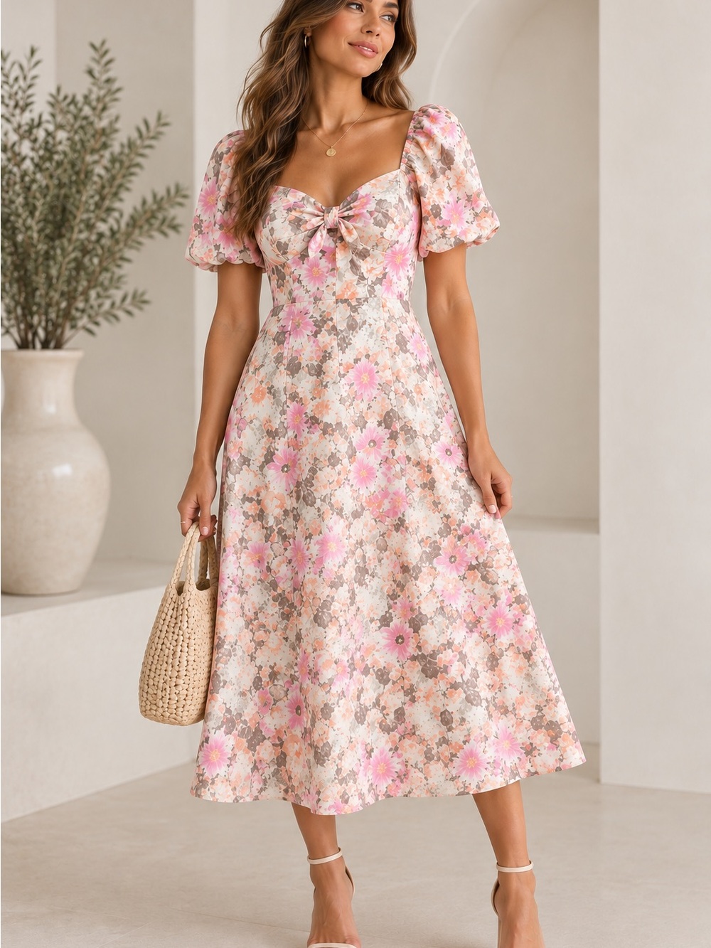 Avec Les Filles Pink and Cream Floral Midi Dress with Puff Sleeves